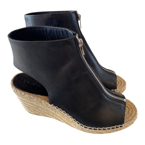 Céline Black Leather Peep-toe Wedge Espadrille Heels Zipper Front Women’s 40 - Picture 6 of 6